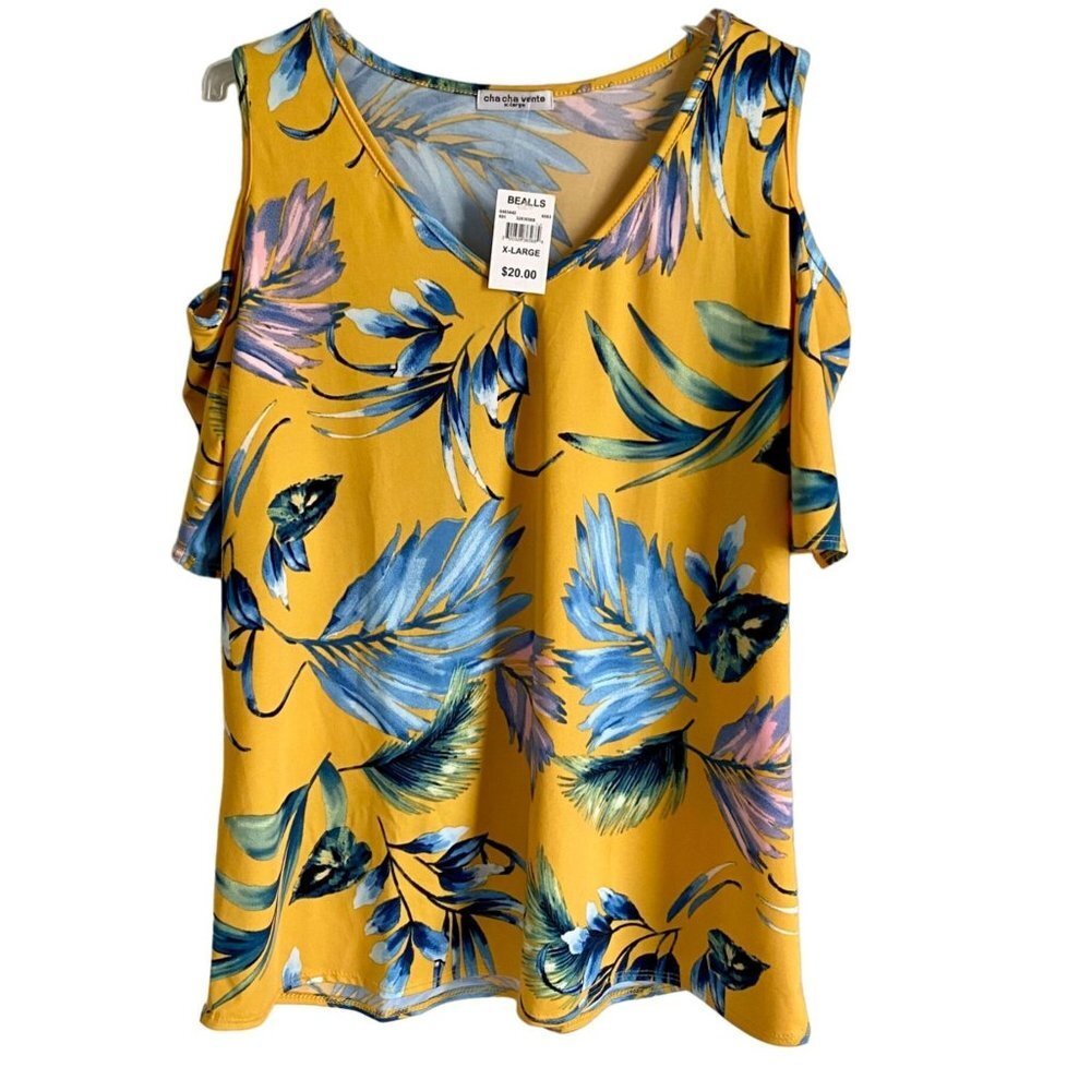 Cha Cha Vente Women's Cold Shoulder Yellow Blue Floral Top 1X NEW NWT